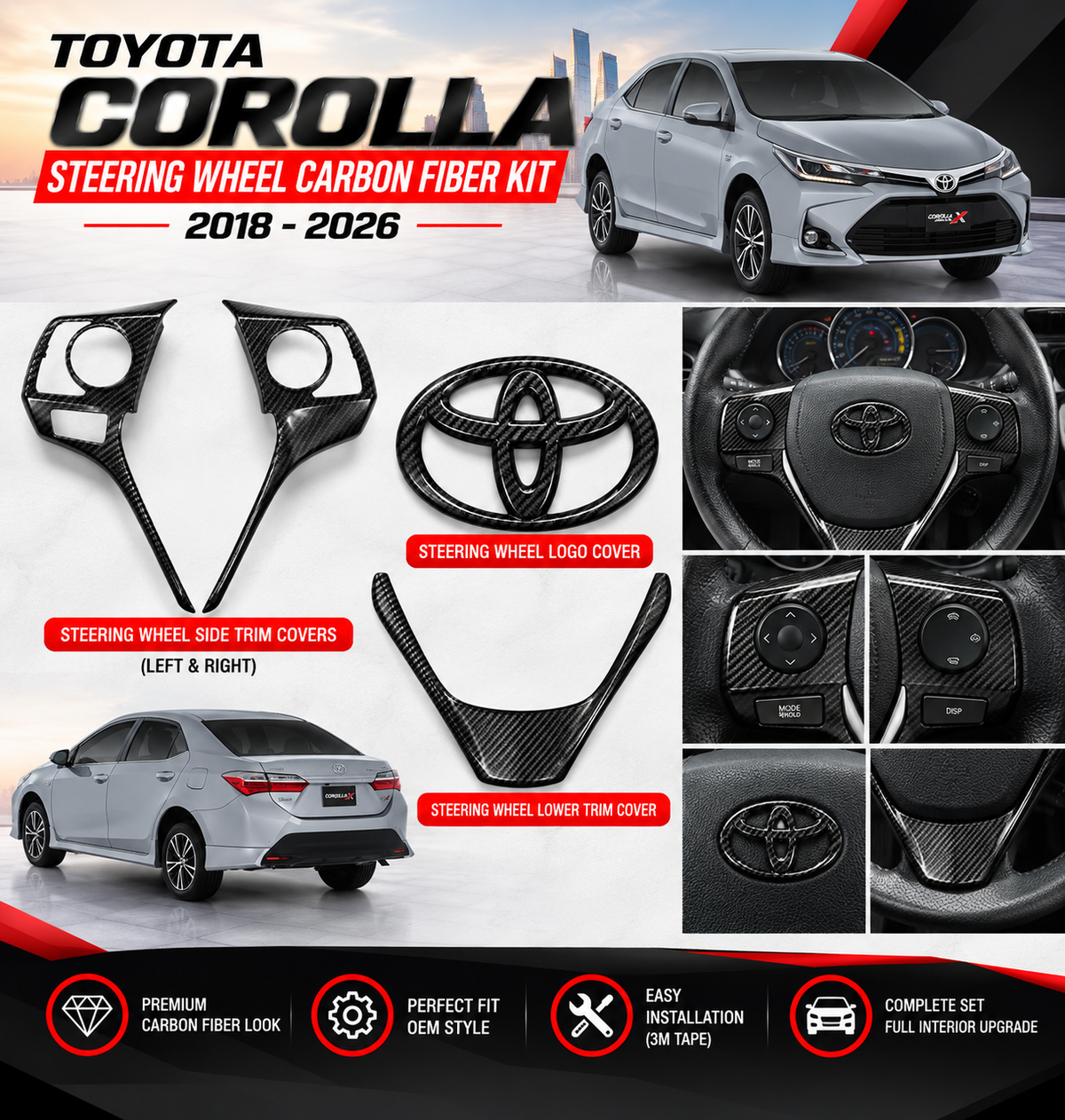 Toyota Corolla 2018–2026 Steering Wheel Carbon Fiber Interior Trim Kit – 4 Pieces Complete Set