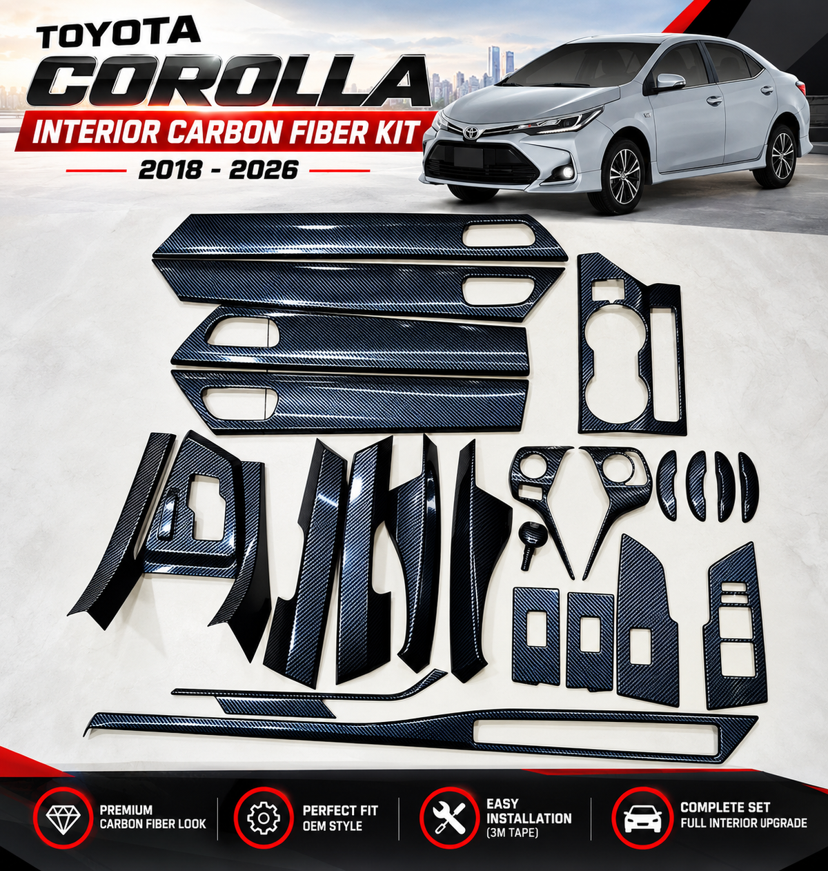Toyota Corolla 2018–2026 Interior Carbon Fiber Accessories – Complete Set