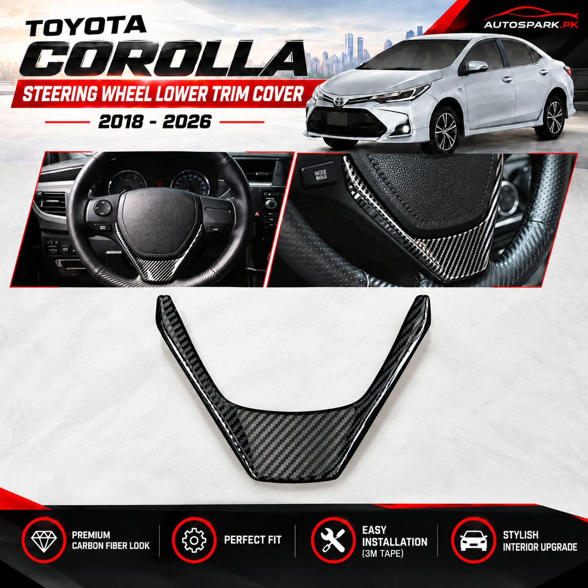 Toyota Corolla 2018–2026 Steering Wheel Lower Trim Cover – Carbon Fiber Style
