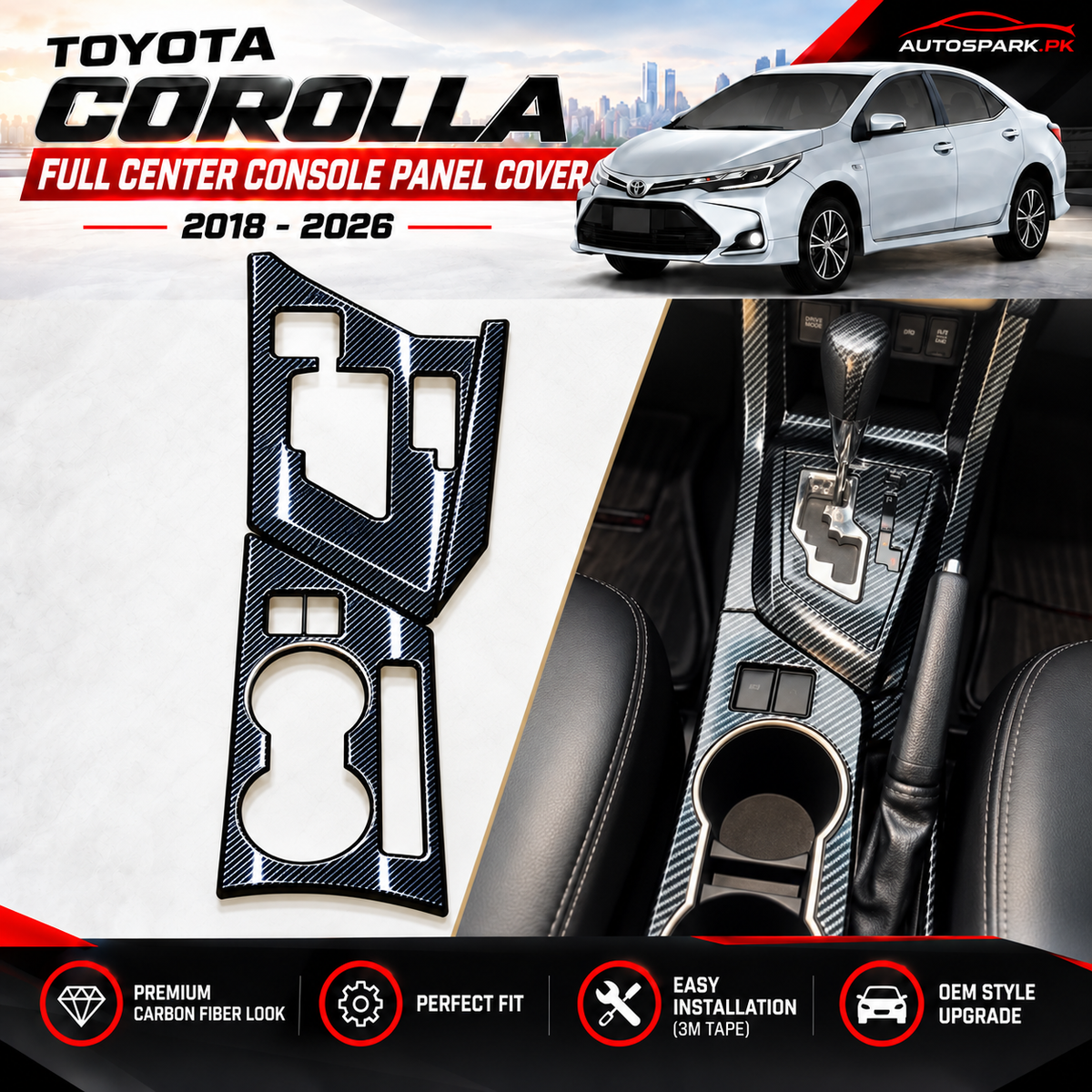 Toyota Corolla 2018–2026 Full Center Console Panel Cover – Carbon Fiber Style (2 Pieces)