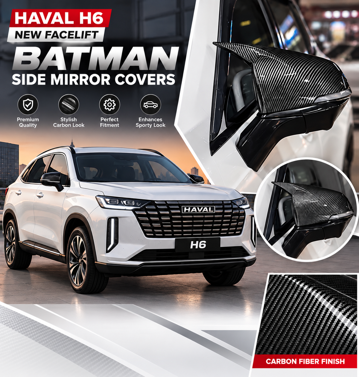 Haval H6 New Facelift Batman Mirror Covers – Carbon Fiber