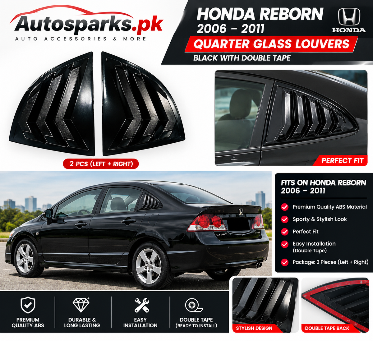 Honda Civic Reborn 2006–2011 Quarter Glass Louvers – Black ABS