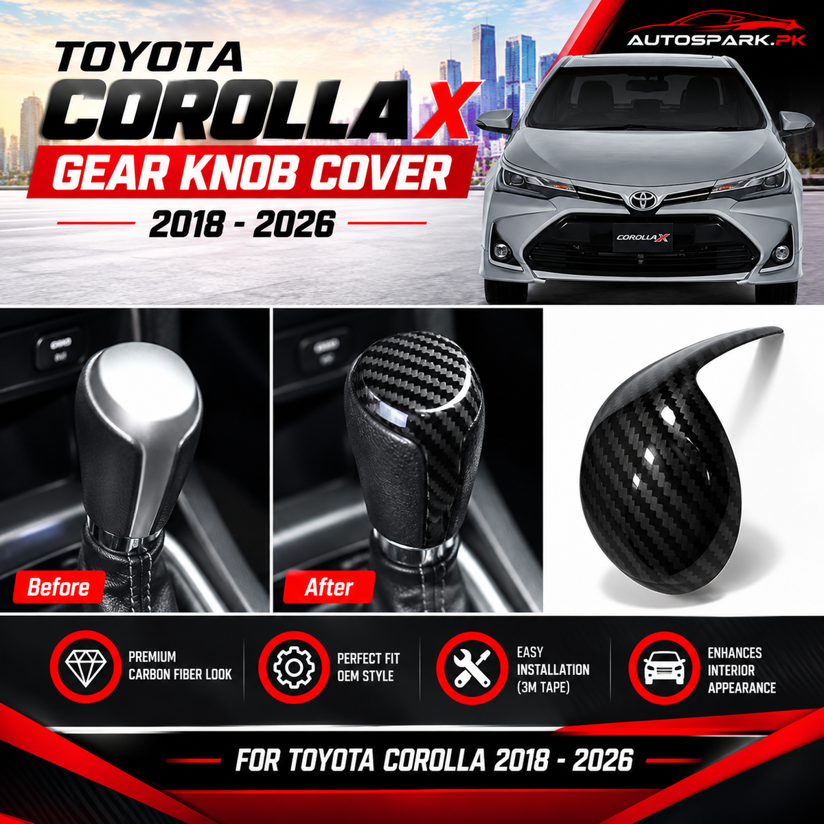 Toyota Corolla 2018–2026 Gear Knob Cover – Glossy Black Carbon Fiber Style