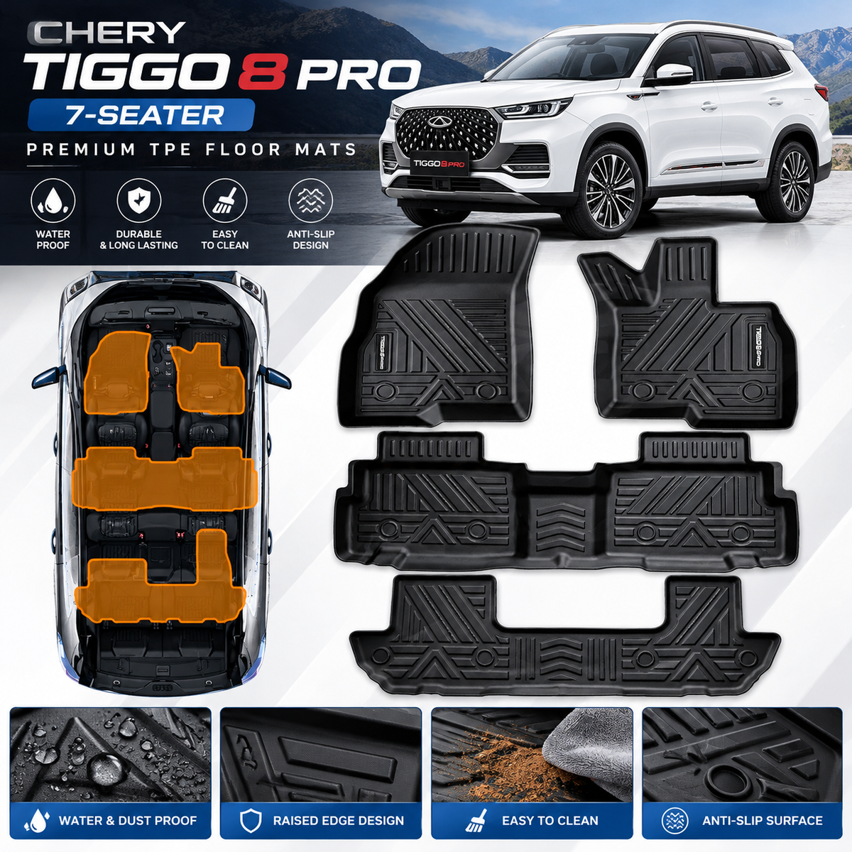 Chery Tiggo 8 Pro 7-Seater Premium TPE Floor Mats – All Weather Custom Fit