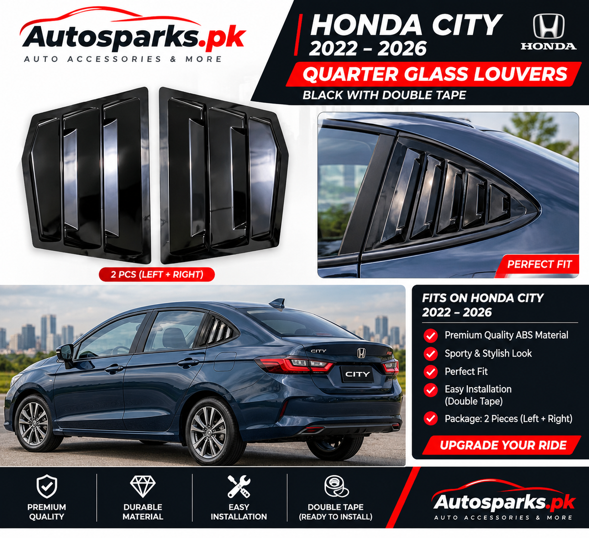 Honda City 2022–2026 Quarter Glass Louvers – Black ABS