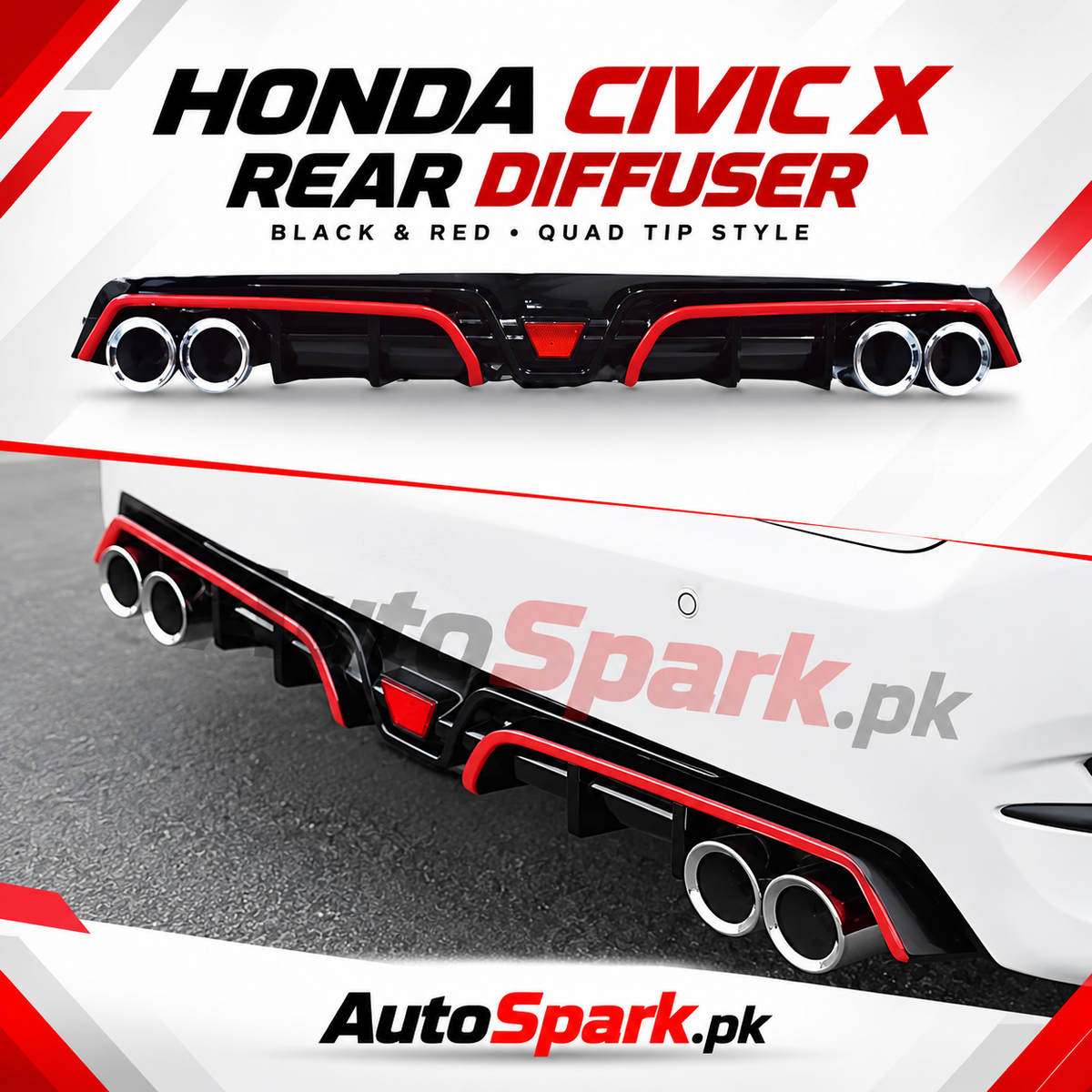 Honda Civic X Rear Diffuser – Black & Red with Quad Exhaust Tips