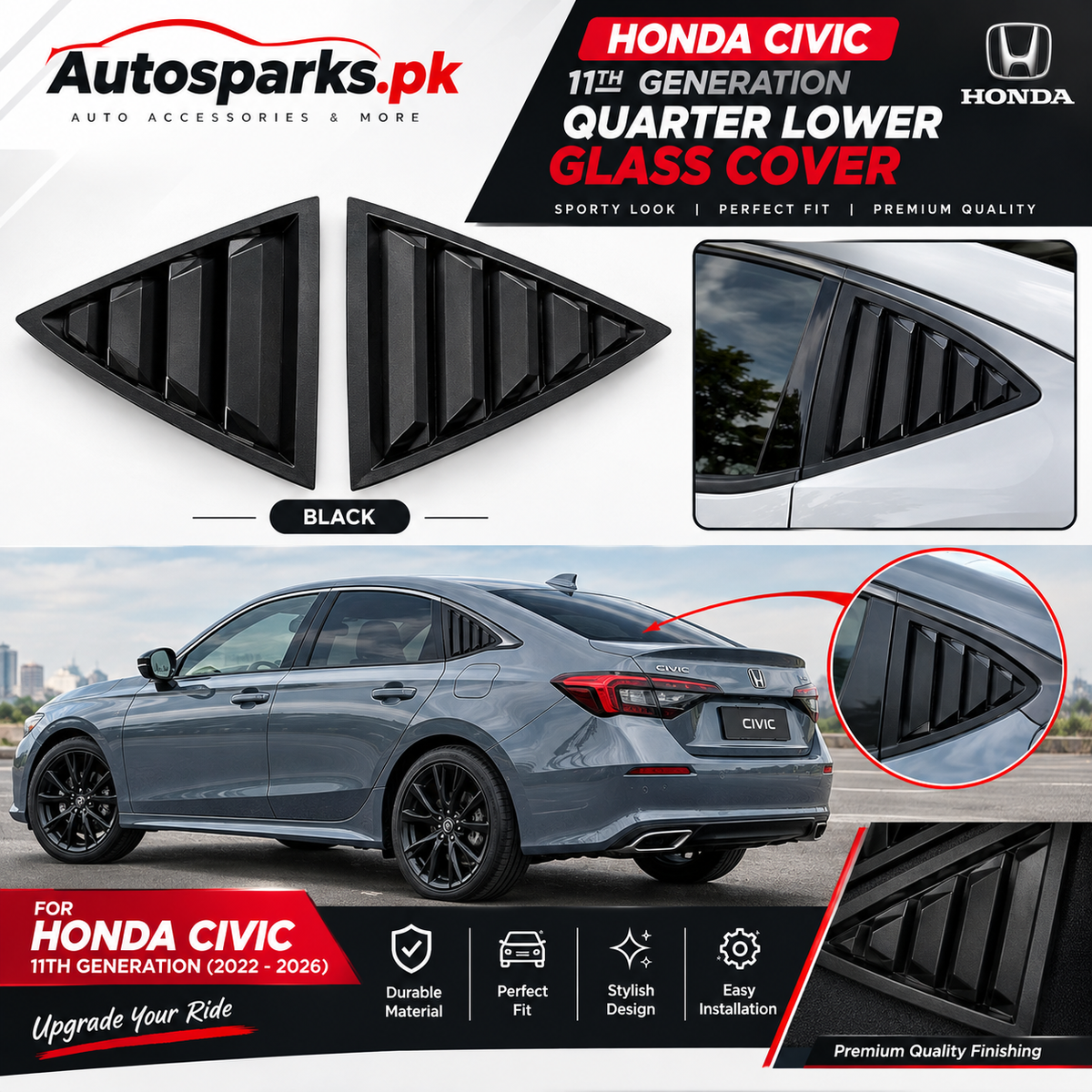 Honda Civic 11th Generation (2022–2026) Quarter Lower Glass Cover – Black