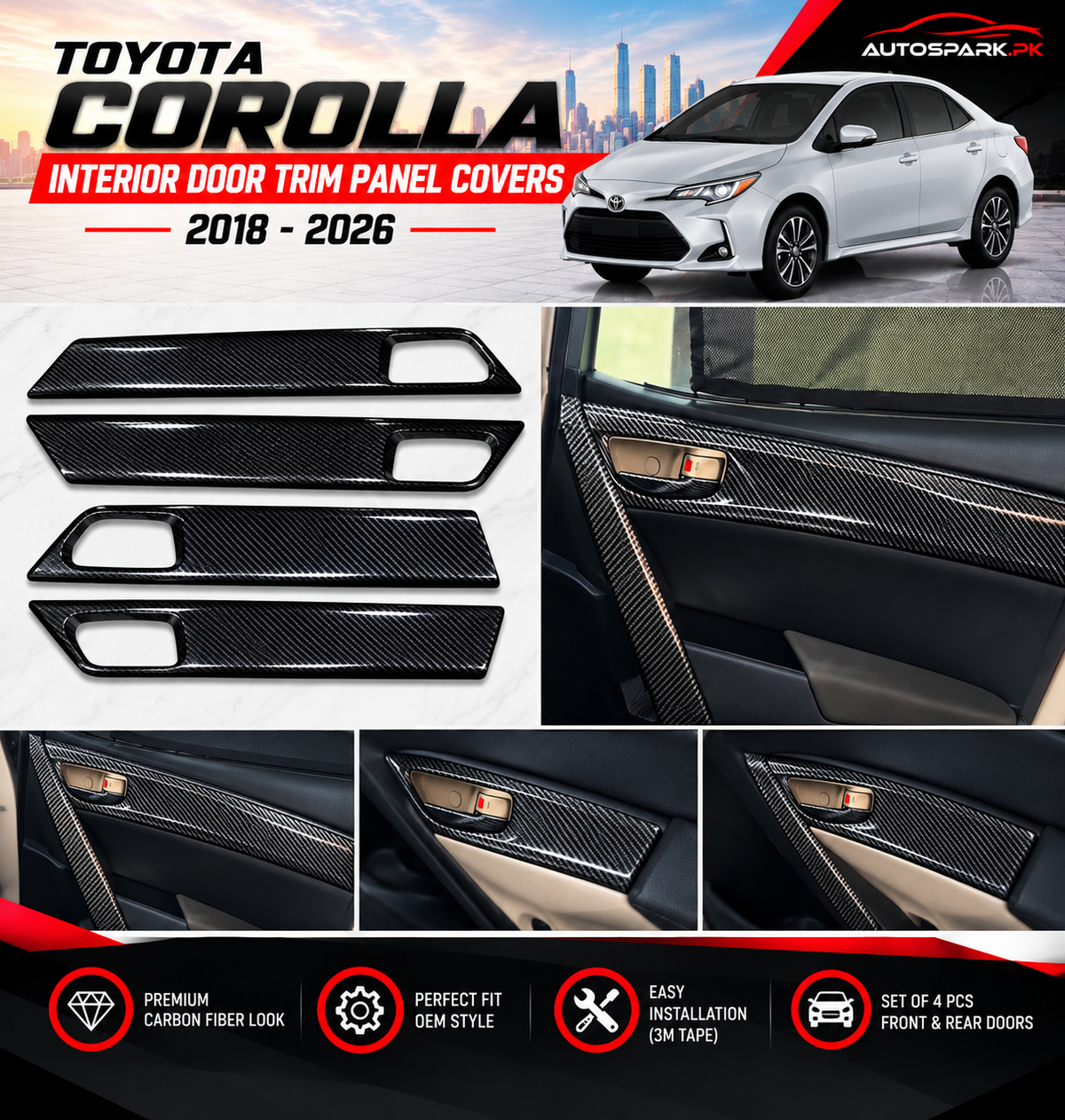 Toyota Corolla 2018–2026 Interior Door Trim Panel Covers – Glossy Black Carbon Fiber Style (4 Pieces)