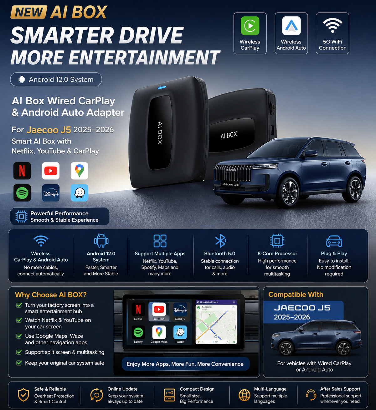AI Box Wired CarPlay Android Auto Adapter for Jaecoo J5 2025-2026 Smart AI Box with Netflix, YouTube & CarPlay
