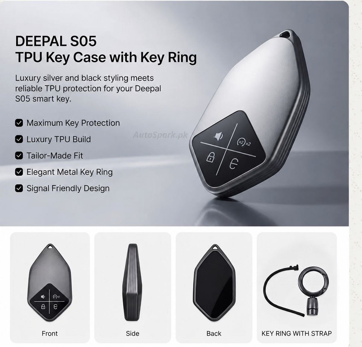 Deepal S05 TPU Key Cover with Key Ring – Silver & Black