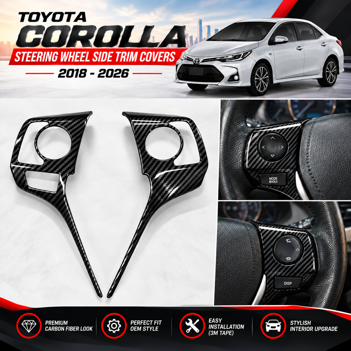 Toyota Corolla 2018–2026 Steering Wheel Side Trim Covers – Carbon Fiber Style (2 Pieces)