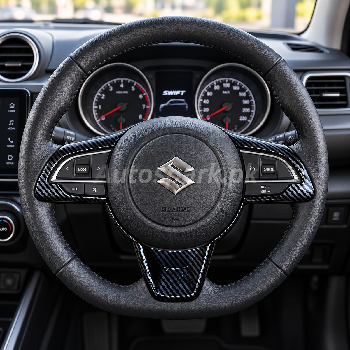 Suzuki Swift 2022–2026 Steering Wheel Trim Cover – Carbon Fiber Style