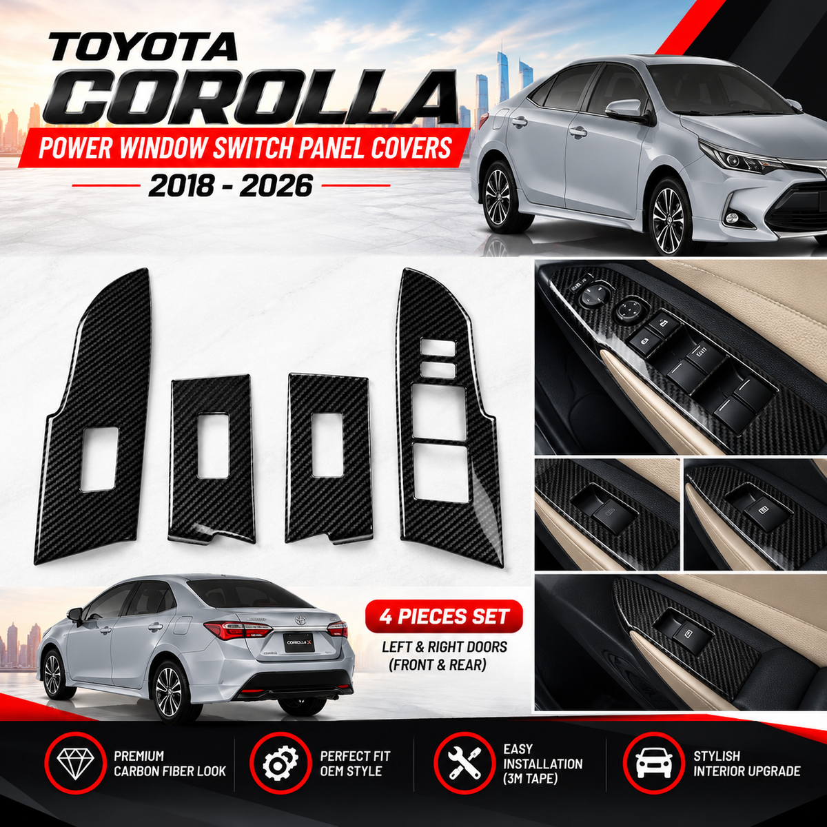 Toyota Corolla 2018–2026 Carbon Fiber Power Window Switch Panel Covers – 4 Pieces Set