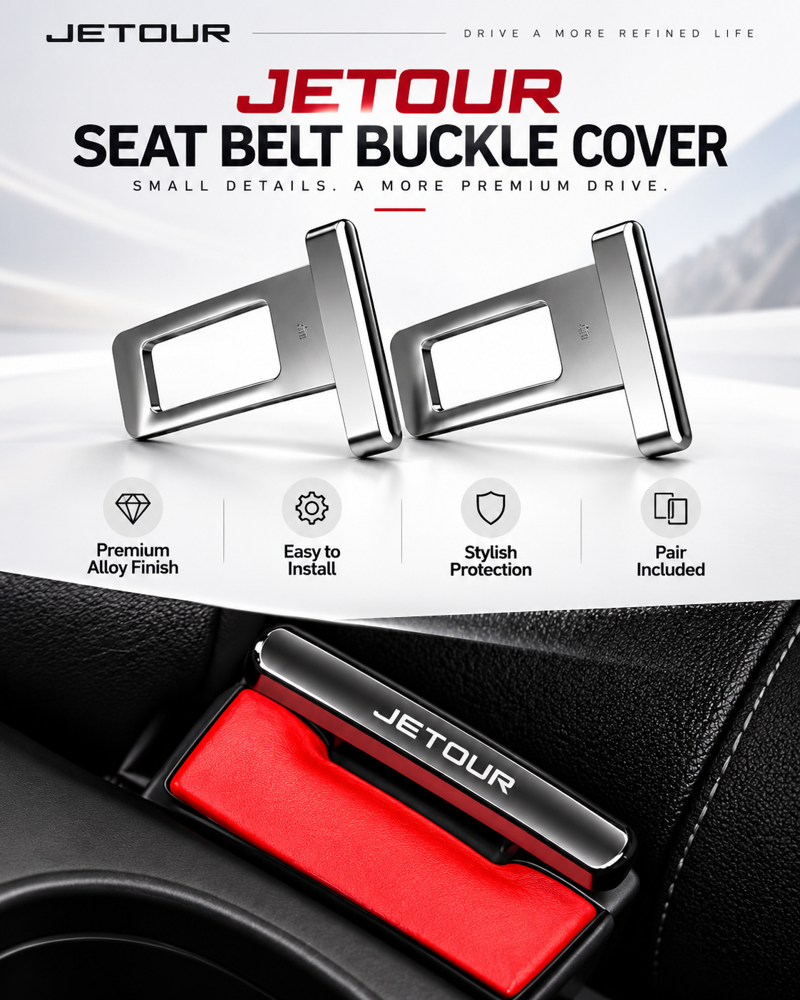 Jetour T1 / T2 Premium Metal Seat Belt Buckle Cover – Silver (2 Pcs)