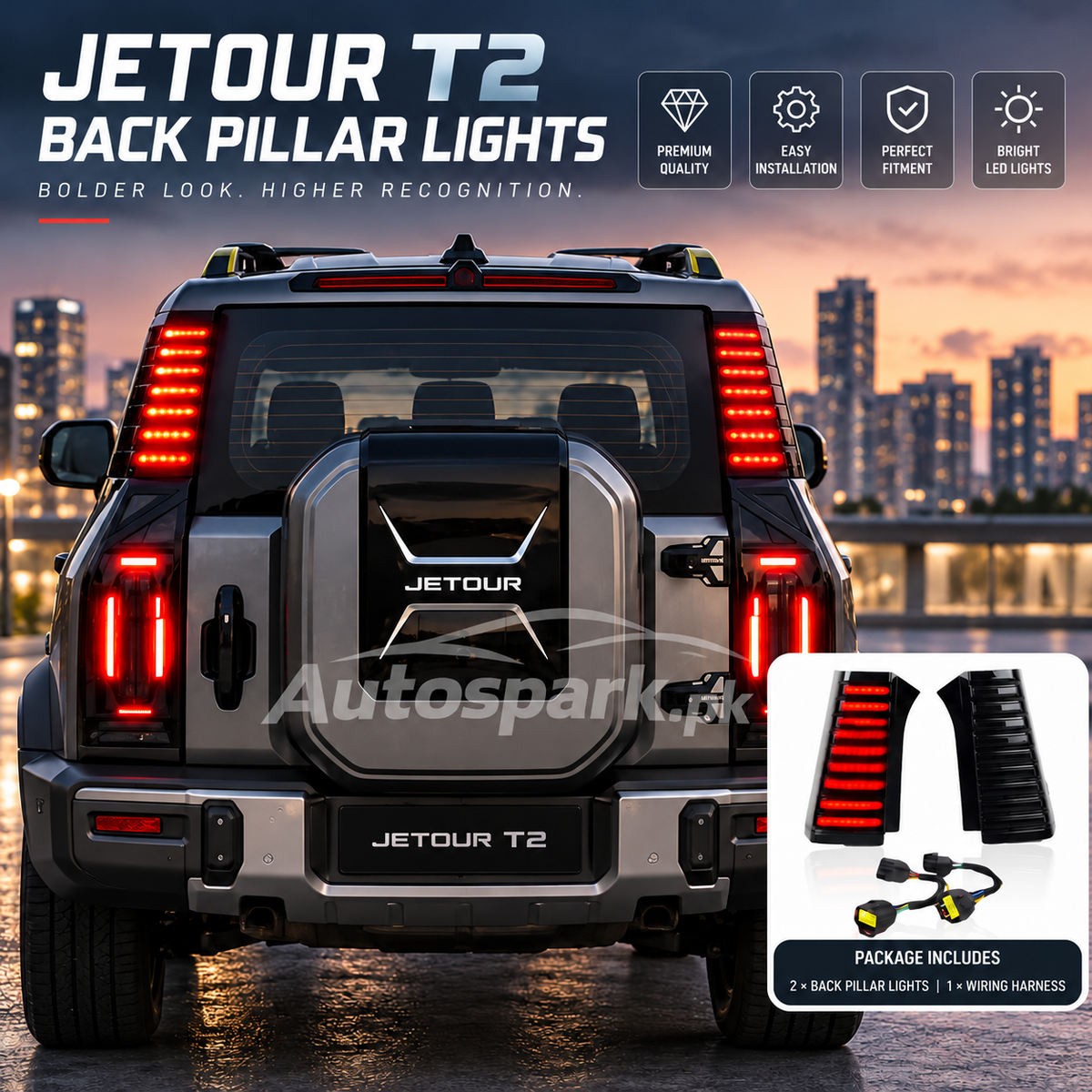 Jetour T2 LED Back Pillar Lights – Smoke Black | Premium Rear Pillar Lights