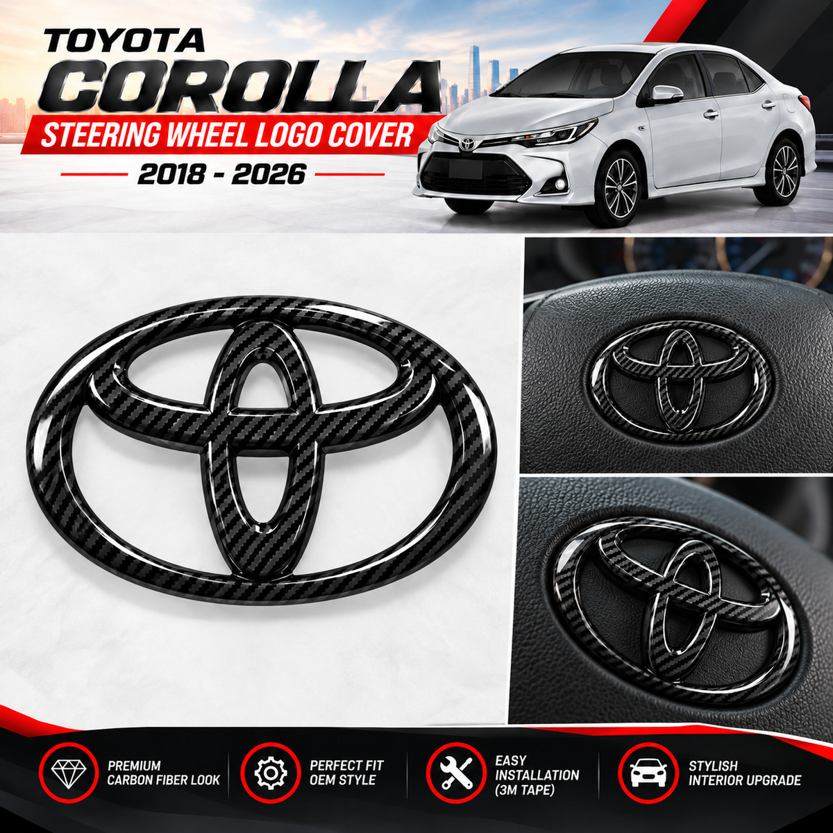 Toyota Corolla 2018–2026 Steering Wheel Logo Cover – Glossy Carbon Fiber Style