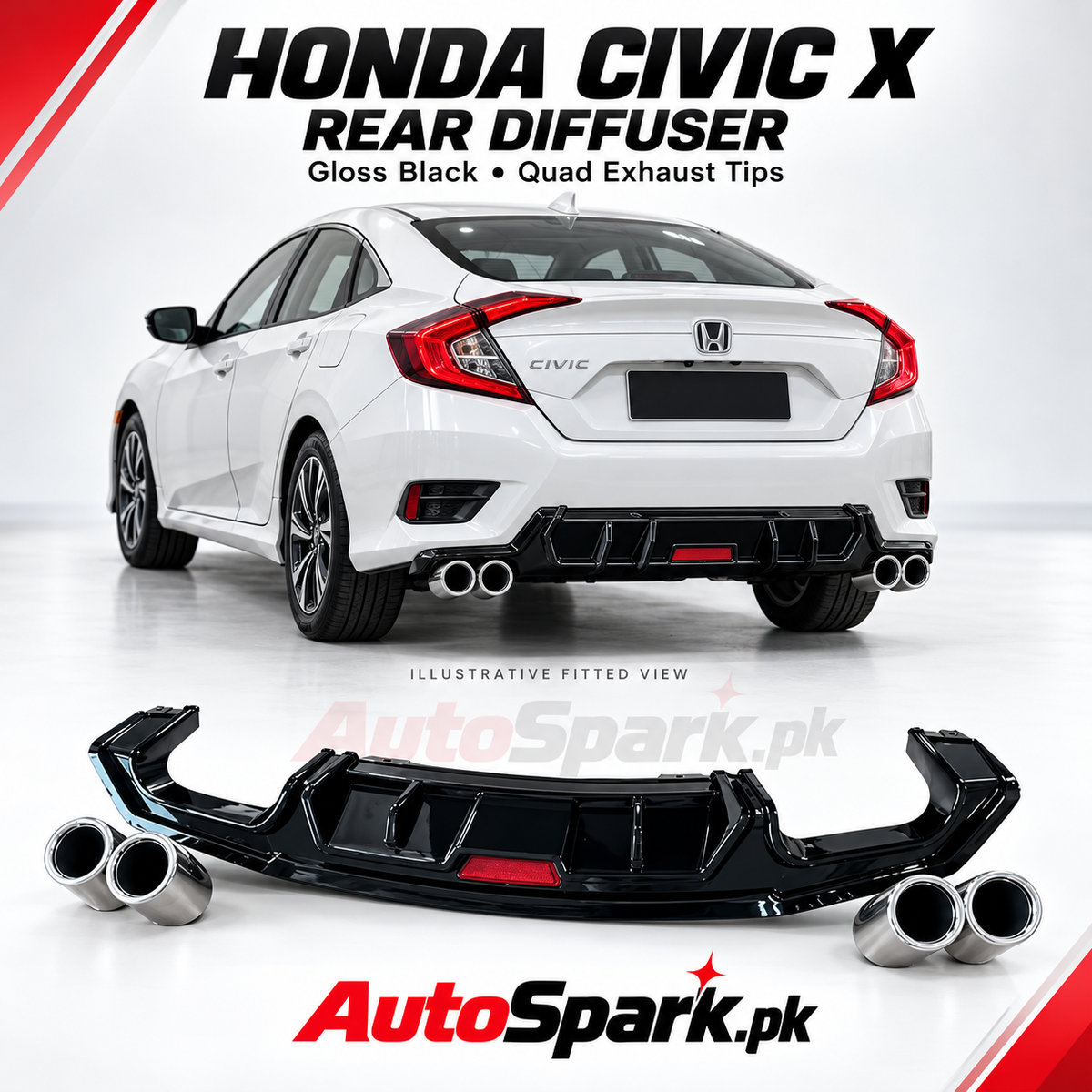 Honda Civic X Rear Diffuser – Gloss Black with Quad Exhaust Tips