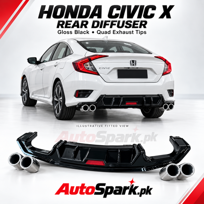 Honda Civic X Rear Diffuser – Gloss Black with Quad Exhaust Tips