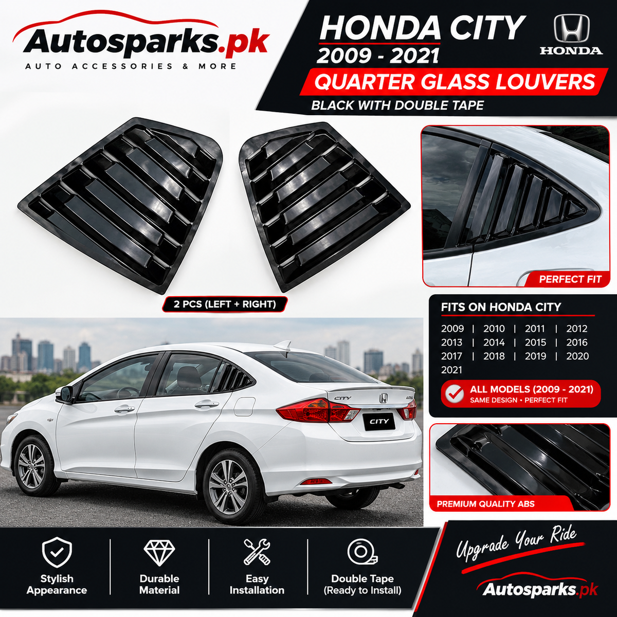 Honda City 2009–2021 Quarter Glass Louvers – Black ABS