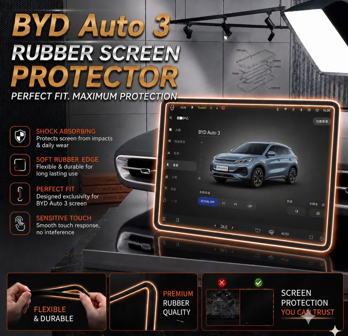 BYD Atto 3 Display Screen Silicone Rubber Protection LCD Edges Protector