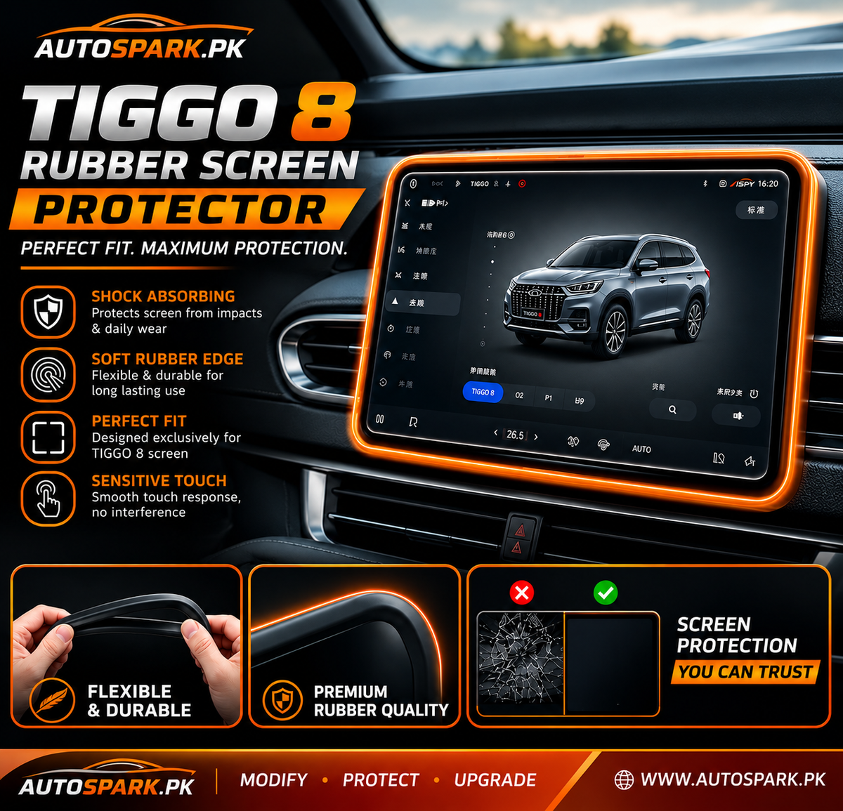 Tiggo 8 Display Screen Silicone Rubber Protection LCD Edges Protector (Black)
