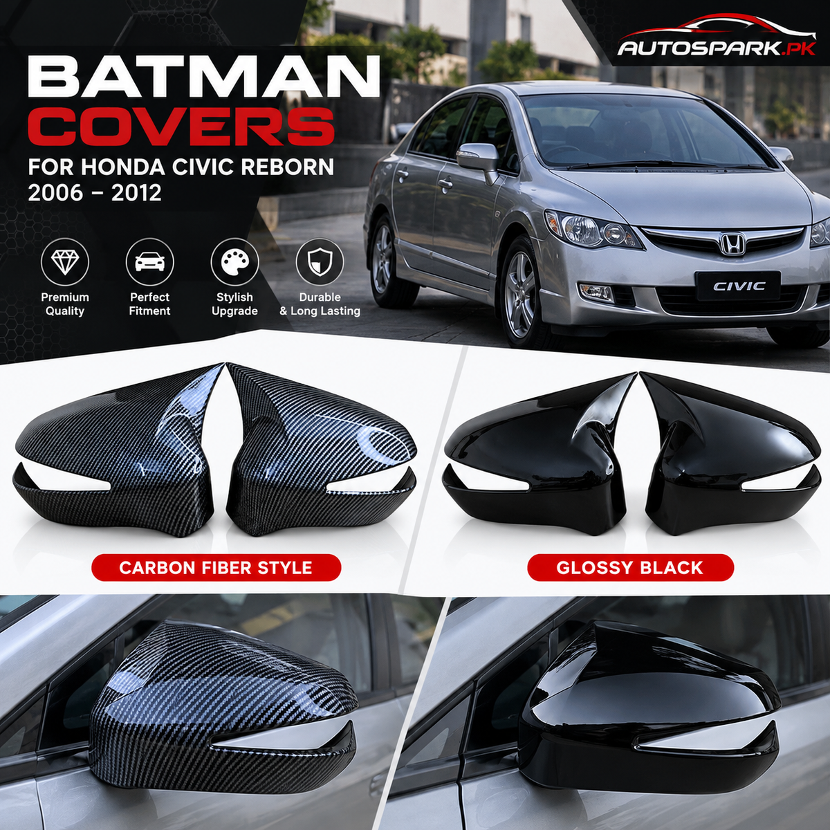 Batman Covers for Honda Civic Reborn 2006–2012 – Carbon Fiber Style Side Mirror Covers